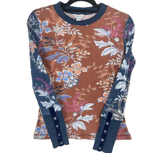 Sundance Tops - Sundance XS Floral Thermal Top Rust Navy Long Sleeve Button Cuff Boho Cotton